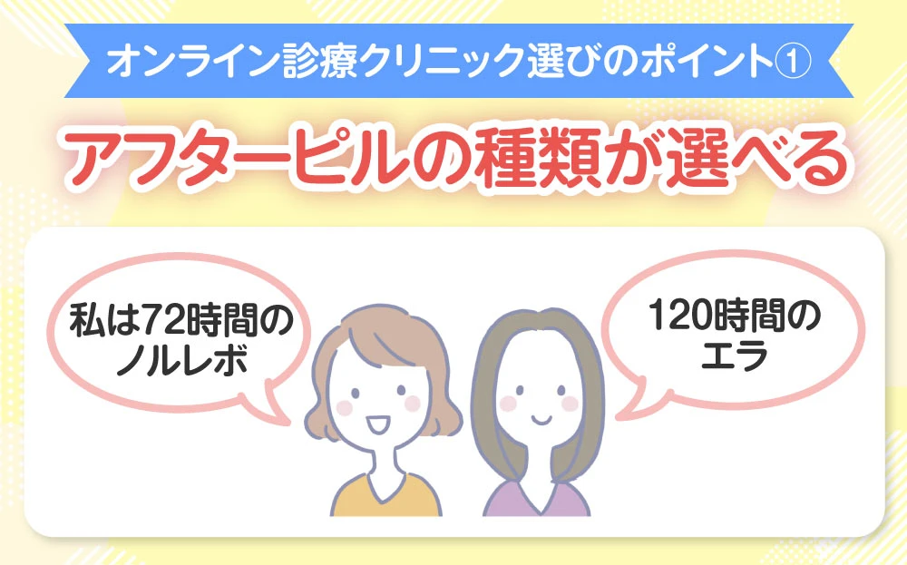 【オンライン診療クリニックの選び方のポイント】アフターピルの種類が選べる「72時間までならノルレボ」「72時間を越えそうなら120時間まで有効なエラ」