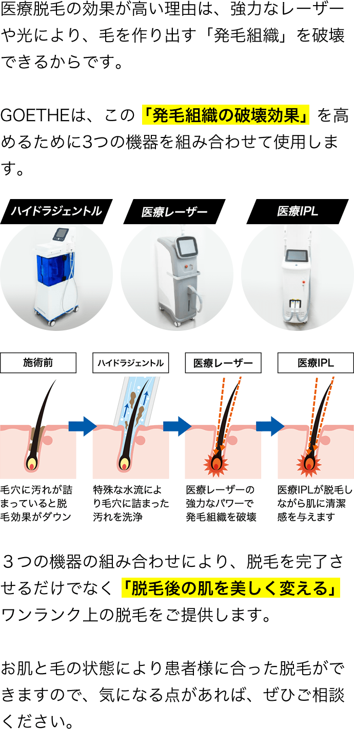 医療脱毛の効果が高い理由は、強力なレーザーや光により、毛を作り出す「発毛組織」を破壊できるからです。